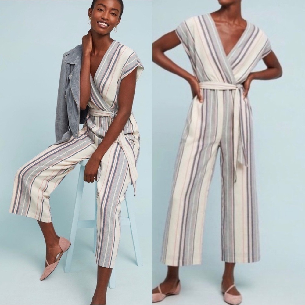 ANTHROPOLOGIE DOLAN Linen Striped Jumpsuit Sz S